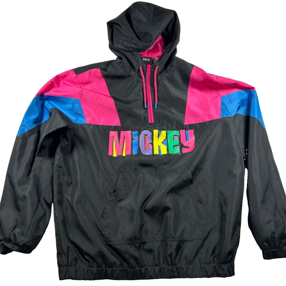 Disney Windbreaker Hoodie Adult Medium Black Pink 90s Mickey Mouse Jacket Vtg